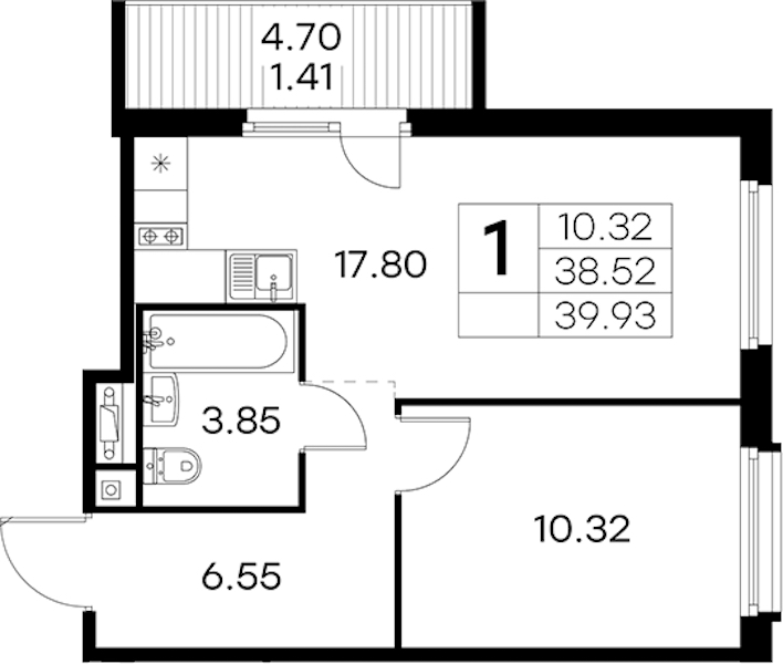 1-комнатная квартира 39.93 м², 2/15 эт., ЖК «GloraX Парголово»